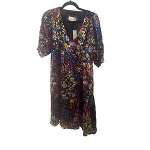 NWT Anthropologie black Velvet Multicolor Floral Dress Puff Sleeves Cottage